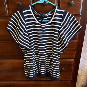 Navy and White Striped Women's sweater short flutter sleeve Top
